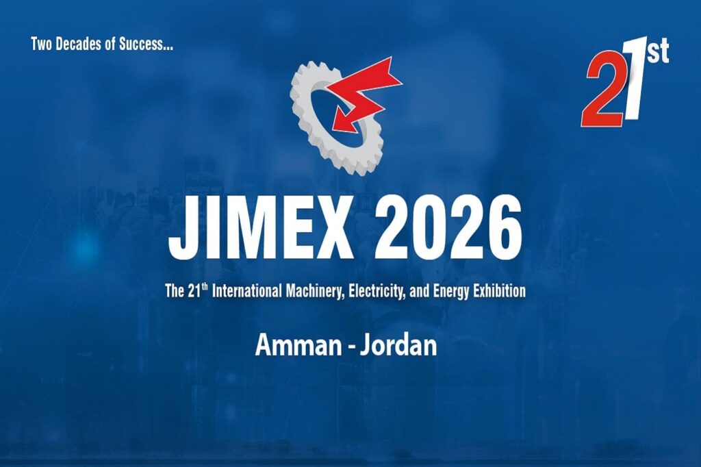 JIMEX 2025 Middle East Arab Expo banner featuring Indian Pavilion, mechanical engineering, machinery, and electricity exhibition in Jordan